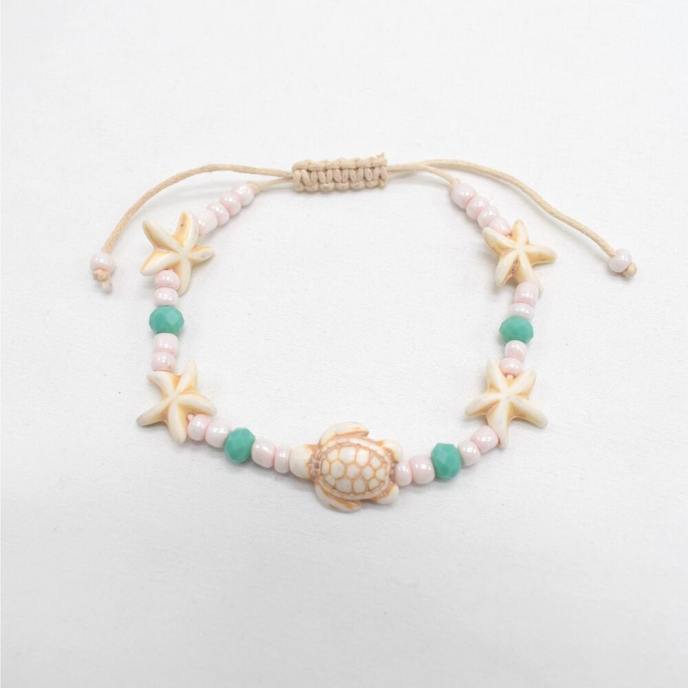 Turtle Starfish Beaded Bracelet Cream Turquoise Coastal Boho Beachy Ocean
